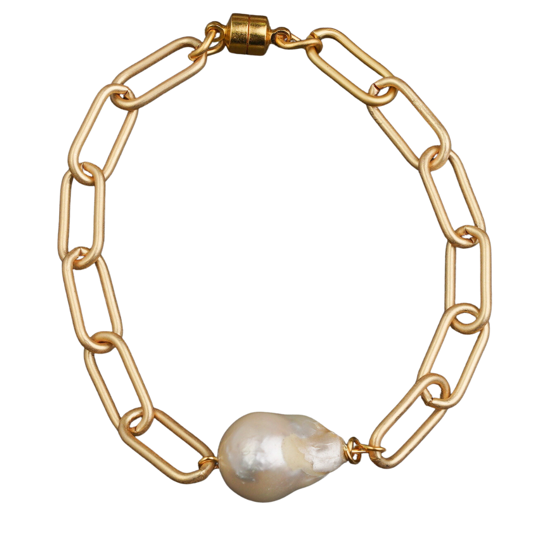 Matte Gold Paperclip Chain &amp; Baroque Pearl Bracelet