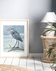 Great Blue Heron on Branch Watercolor Painting: 8x10 (11x14 mat)