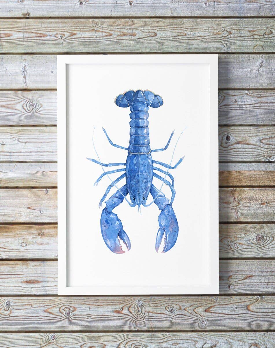 Blue Lobster Watercolor Print, Nautical New England Wall Art: 8x10 (11x14 mat)