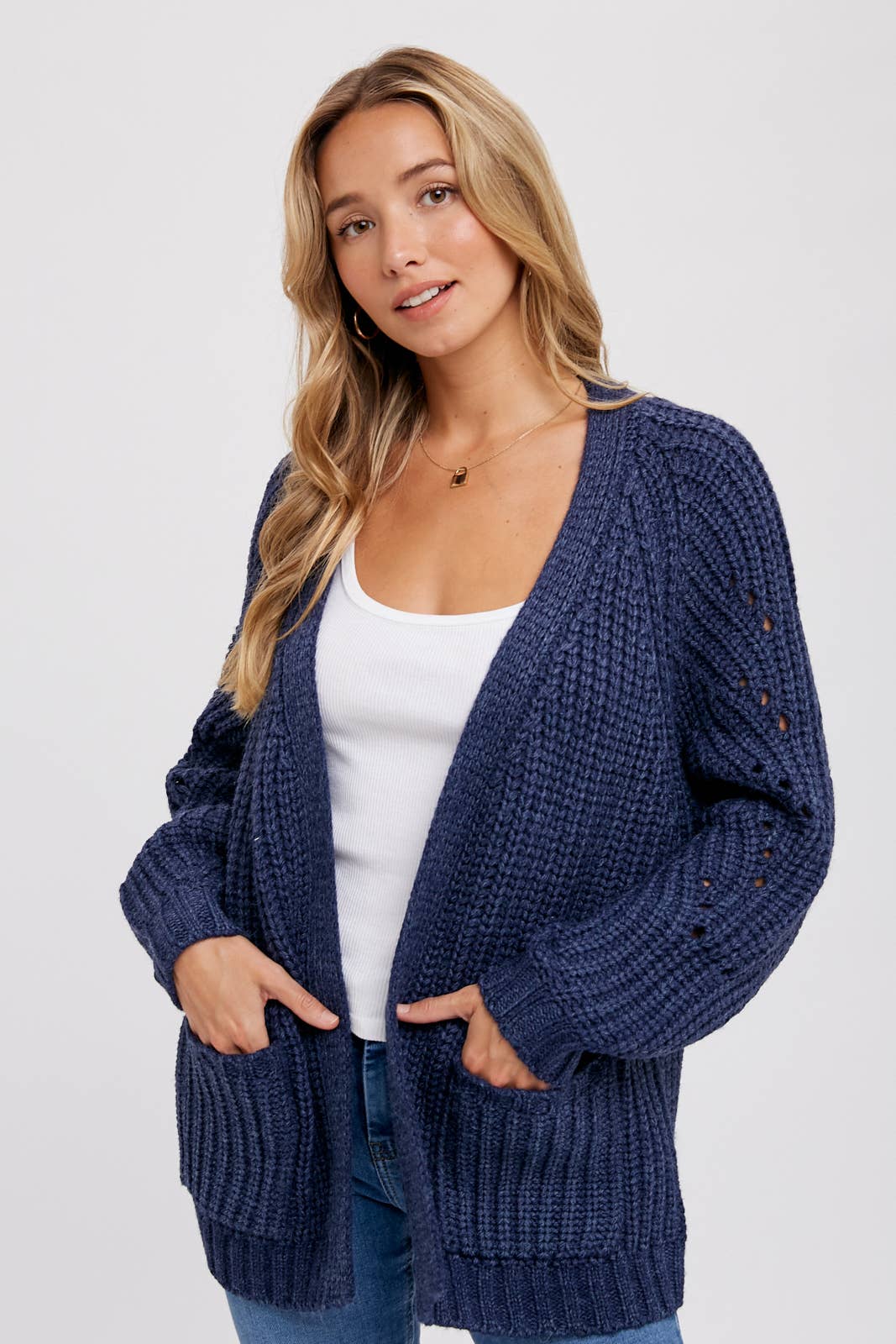 CHUNKY POINTELLE OPEN FRONT CARDIGAN: NAVY