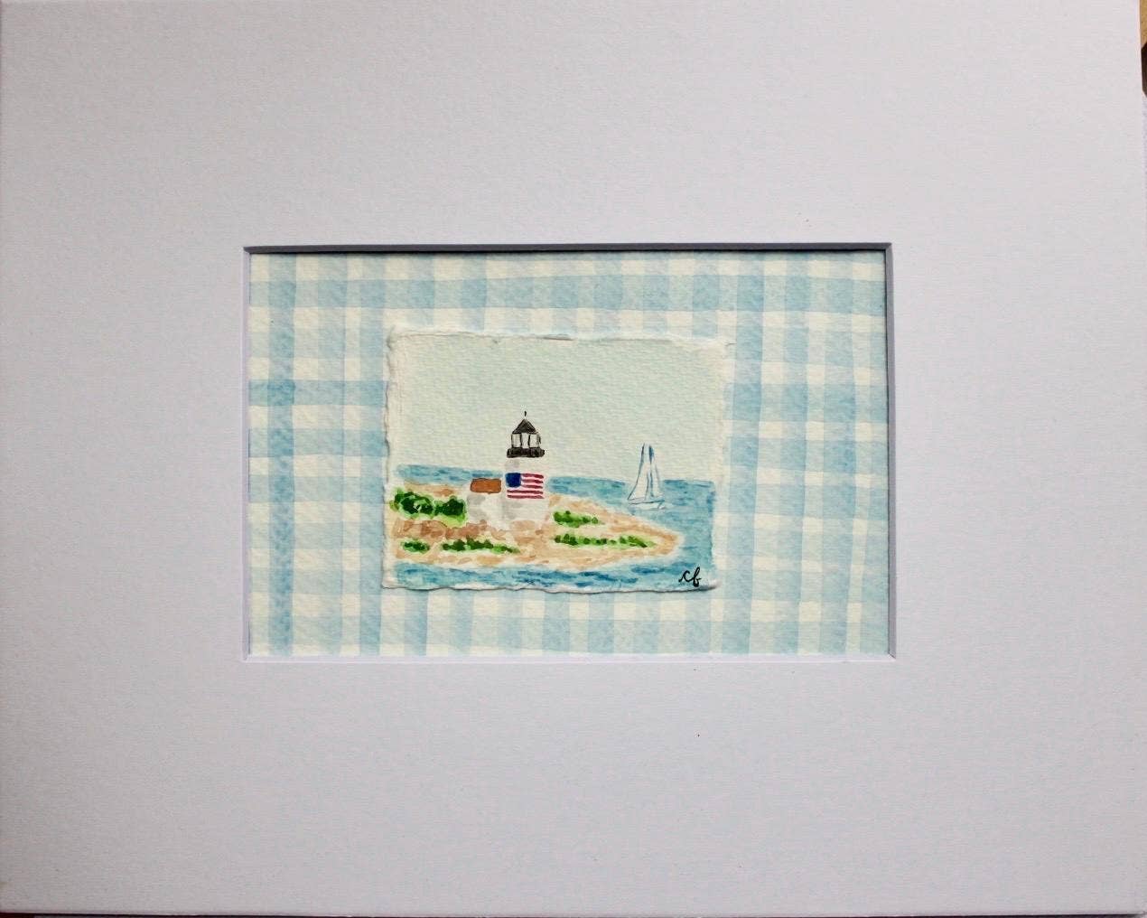 Nantucket Lighthouse Watercolor Painting with Matte Frame: Blue Stripes / 8x10 Frame