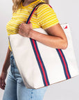 Society Canvas Tote Bag with Leather Customize: Navy Red