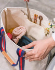 Society Canvas Tote Bag with Leather Customize: Navy Red