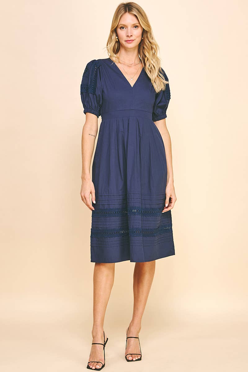 LACE DETAIL KNEE LENGTH DRESSS - NAVY, Small