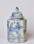 Blue and White Porcelain Golden Pheasant Ribbed Lidded Jar