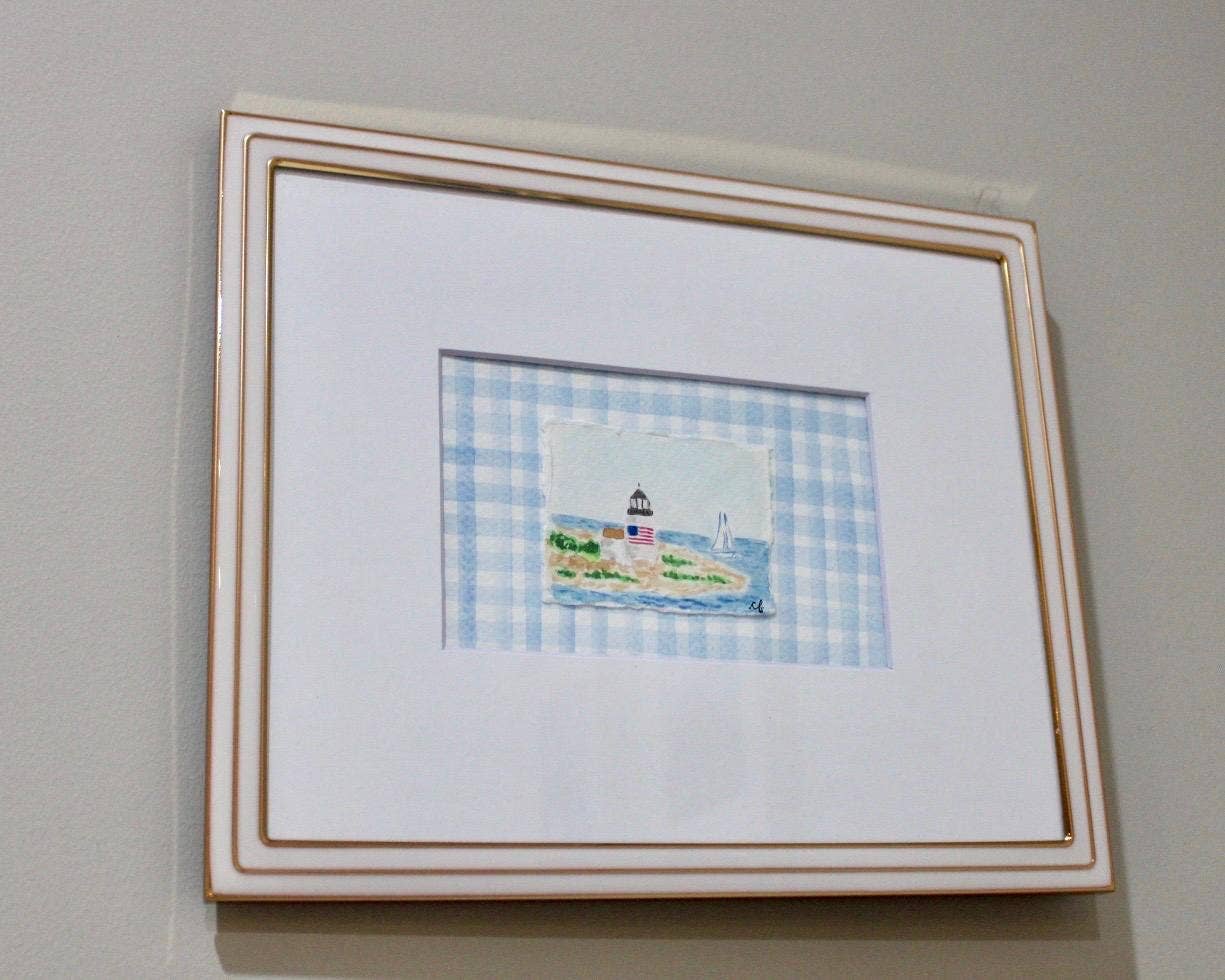 Nantucket Lighthouse Watercolor Painting with Matte Frame: Blue Stripes / 8x10 Frame