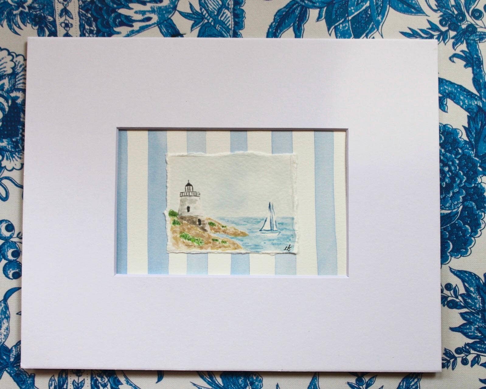 Castle Hill Lighthouse Watercolor Painting, Framed 8 x 10
