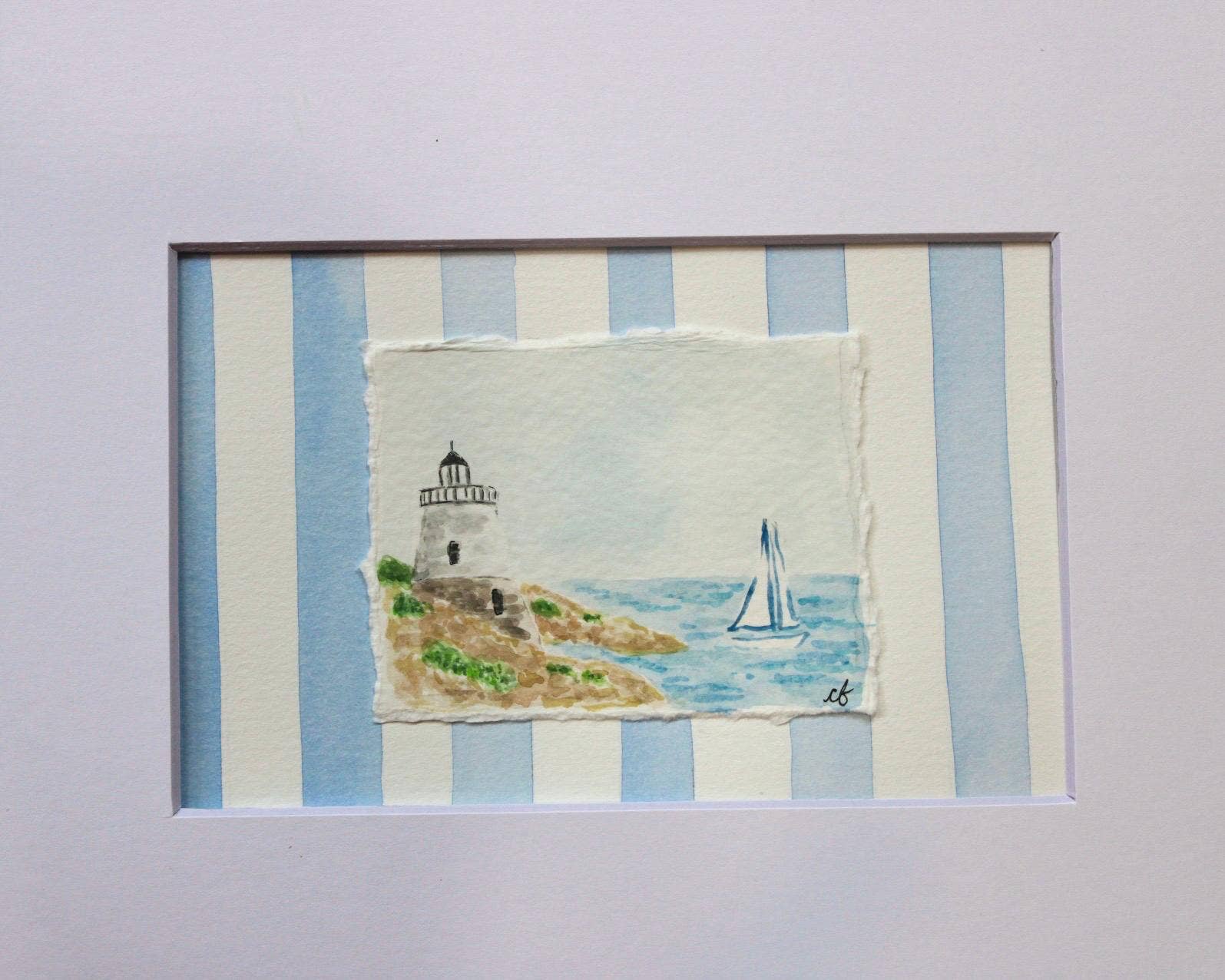 Castle Hill Lighthouse Watercolor Painting, Framed 8 x 10