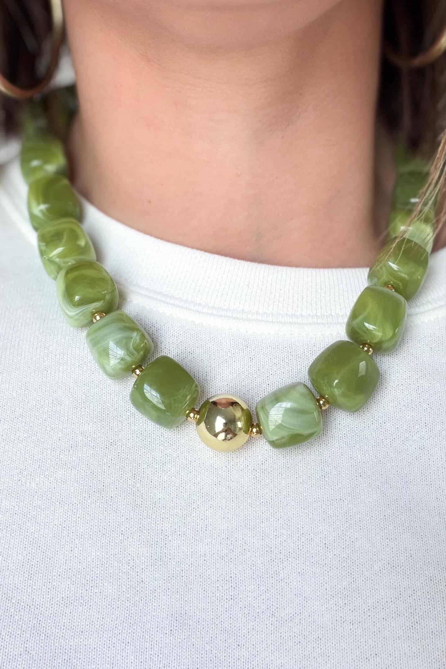 Green Cube Bead Necklace with Gold Ball