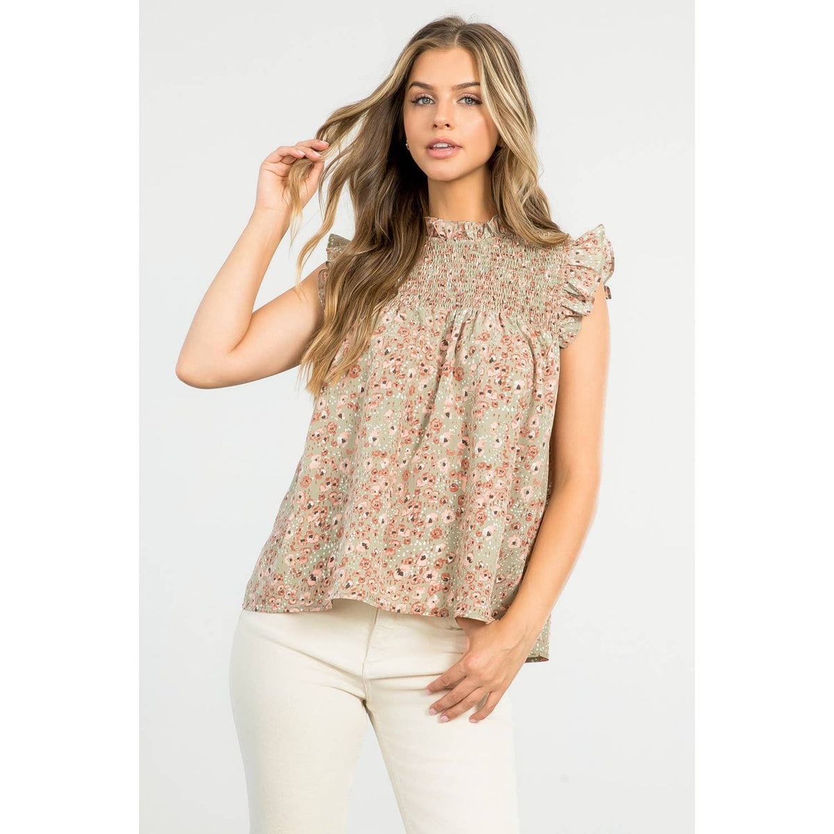 Smocked Detail Print Top: SAGE