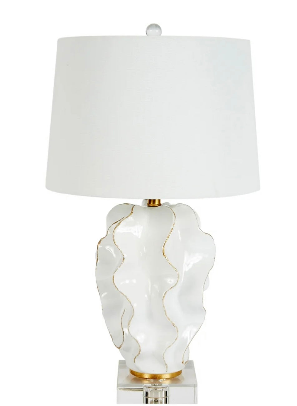HANNAH WHITE CERAMIC WAVE LAMP WITH GOLD ACCENTS & WHITE LINEN SHADE