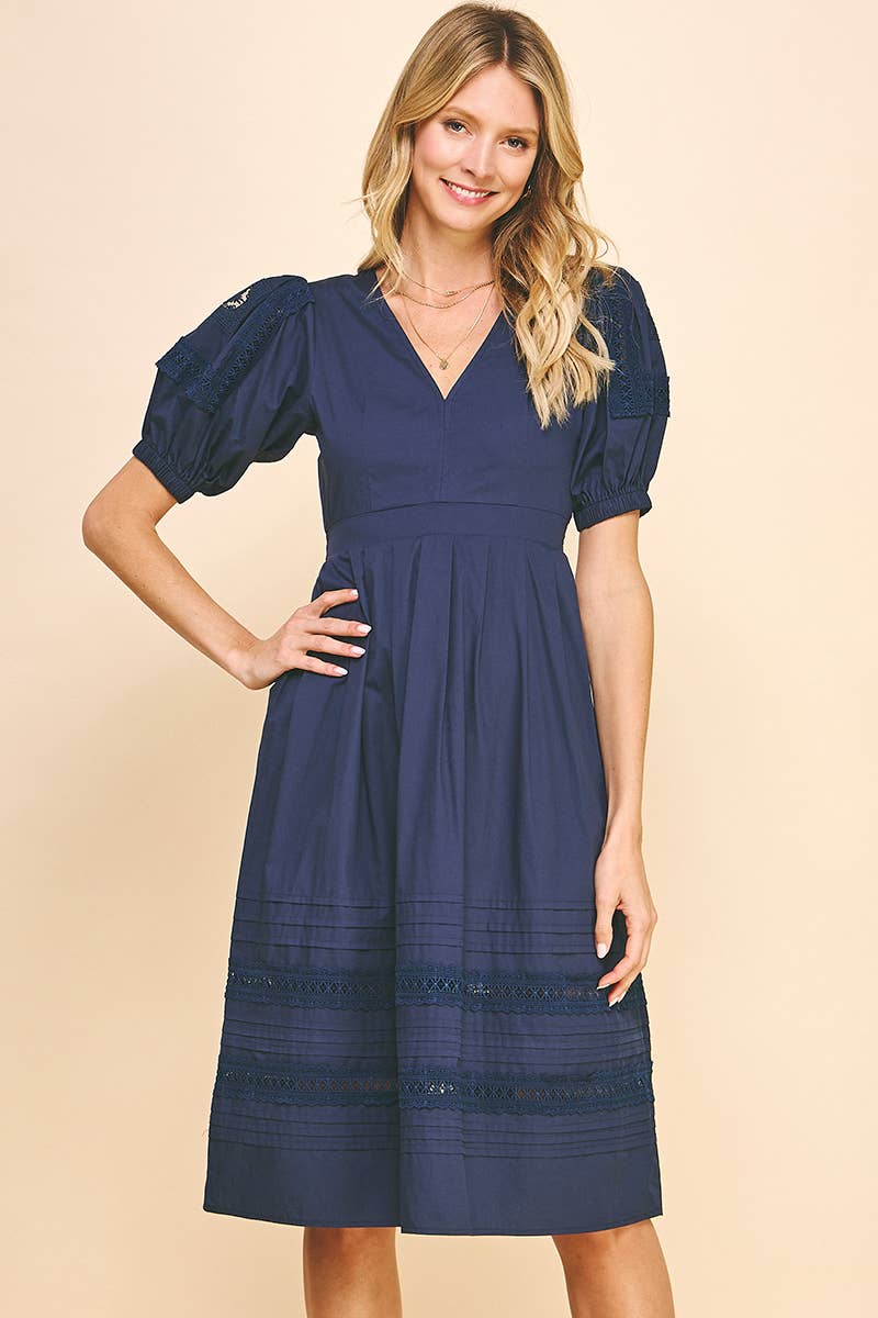 LACE DETAIL KNEE LENGTH DRESSS - NAVY, Large