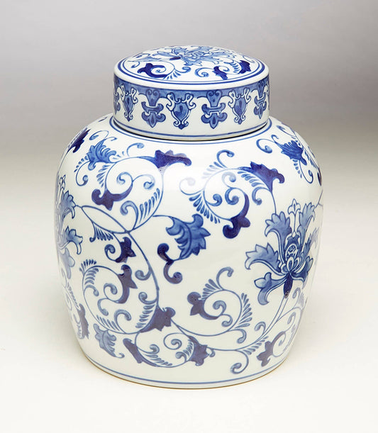 Blue and White Floral 10" Round Ginger Jar